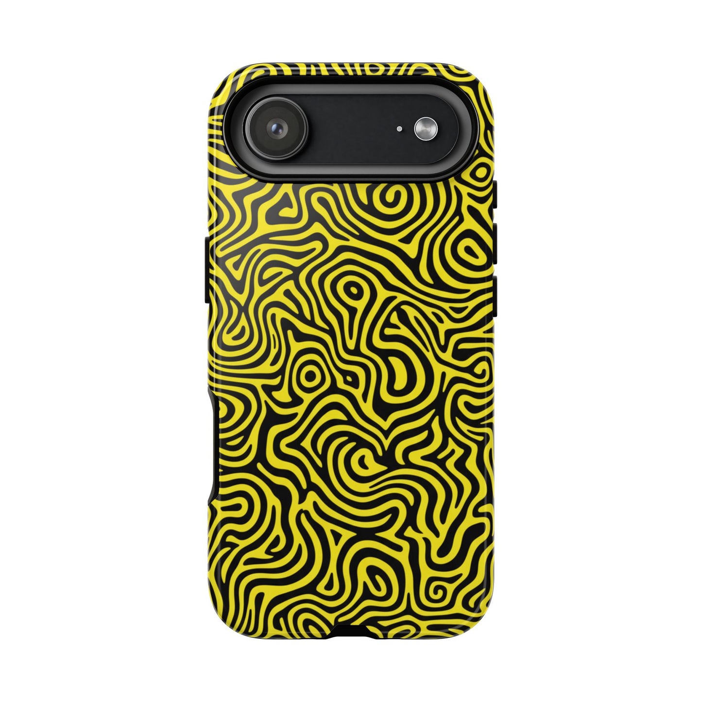 Yellow and black abstract swirl phone case with psychedelic pattern for iPhone Samsung Galaxy Google Pixel