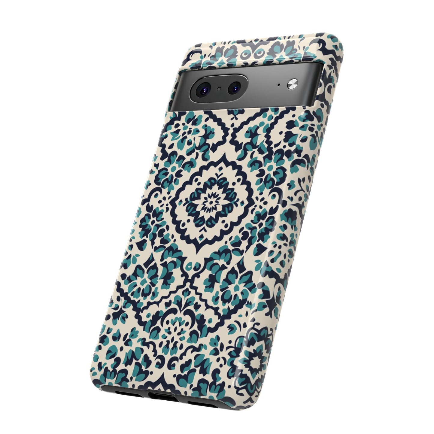 Florales Damast Tough Handyhülle – Petrol-Navy Gemusterter Schutzhülle für iPhone, Samsung Galaxy & Google Pixel