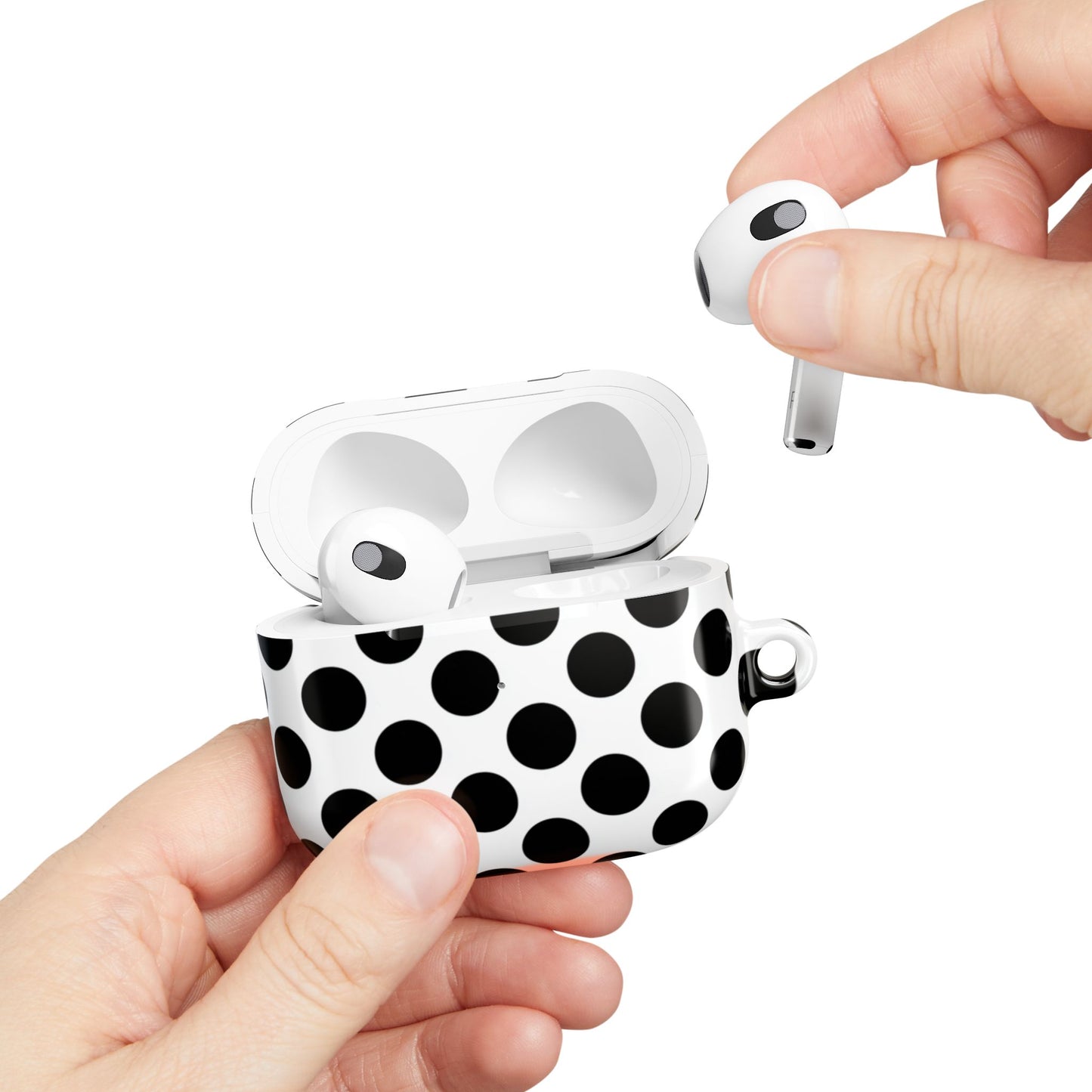 Black polka dot AirPods Gen 3 case – bold classic dots on white glossy hard shell cover