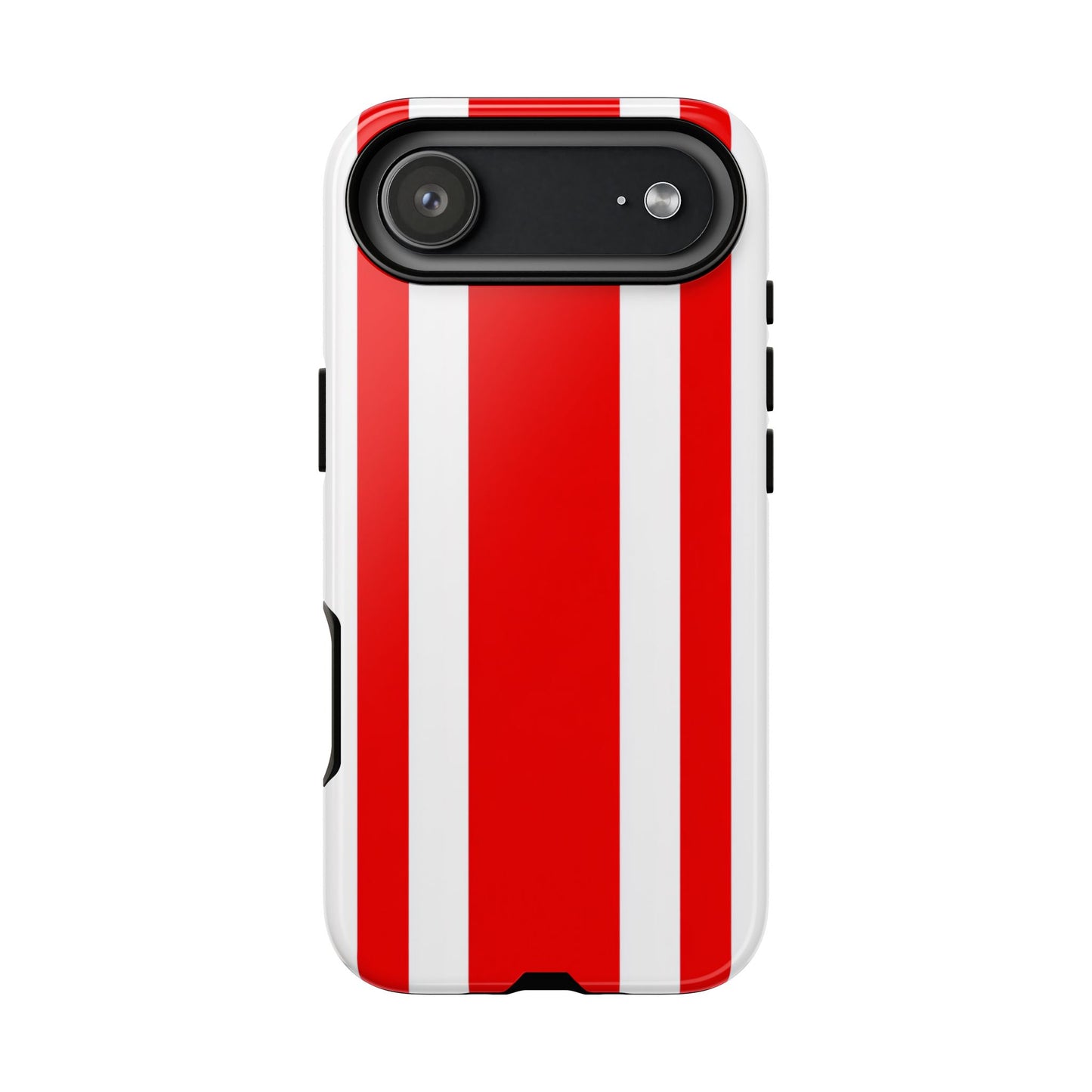 Red and white racing stripes phone case with bold vertical stripe pattern on white background for iPhone Samsung Galaxy Google Pixel