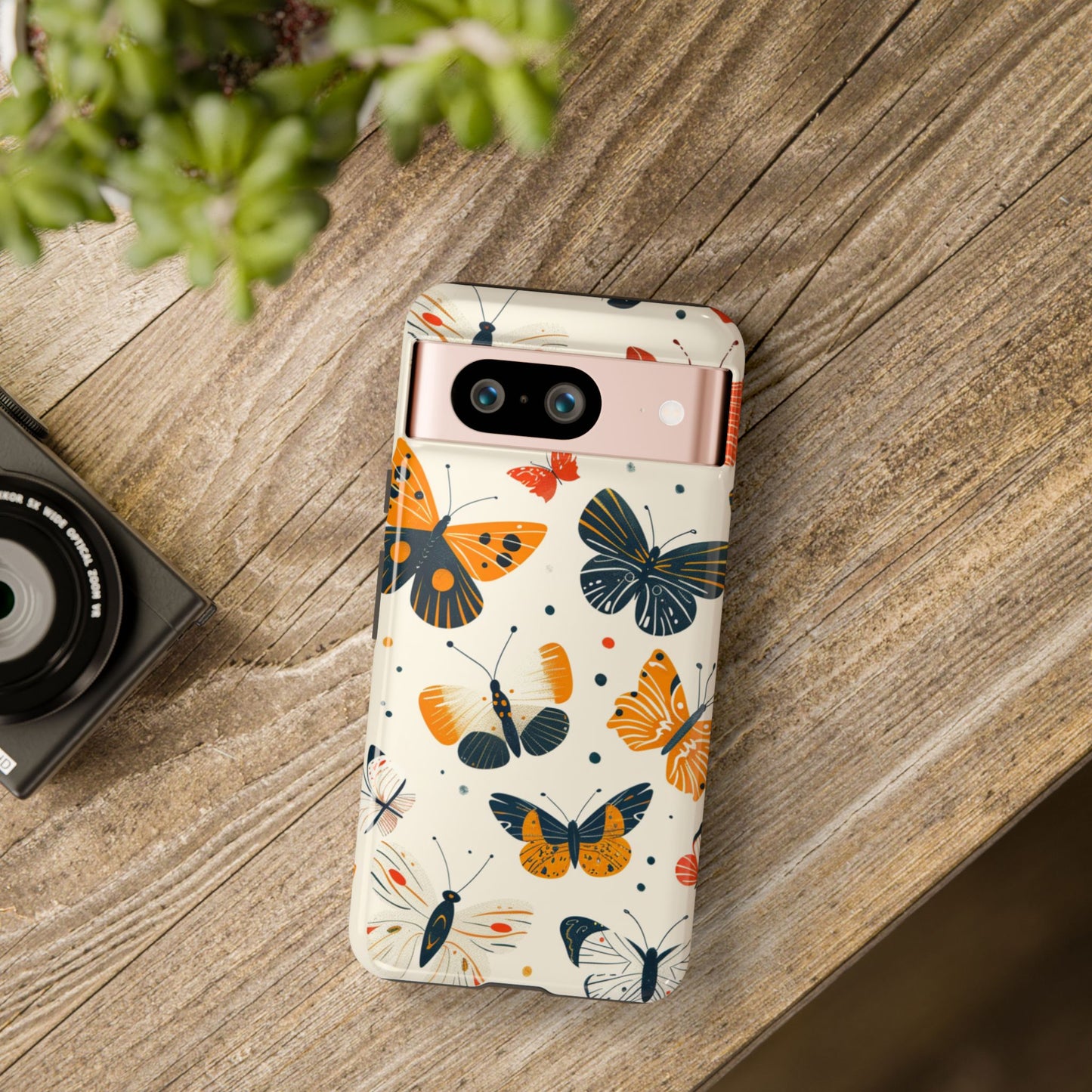 70s butterfly pattern phone case - vintage cartoon butterflies orange navy tough protective cover precise cutouts