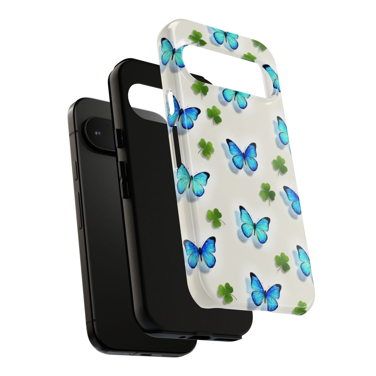 Schutzhülle für iPhone, Samsung Galaxy & Google Pixel mit Schmetterlings- & Glücksklee-Motiv — Robuste Schutzhülle mit blauem Schmetterlingsmuster