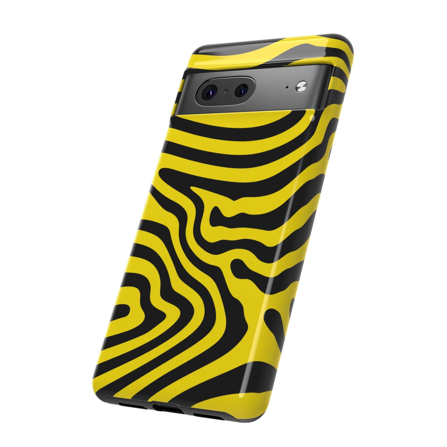 Robuste Handyhülle mit Op-Art-Wellenlinien – psychedelisches gelb-schwarzes Groovy-Muster für iPhone, Samsung Galaxy & Google Pixel