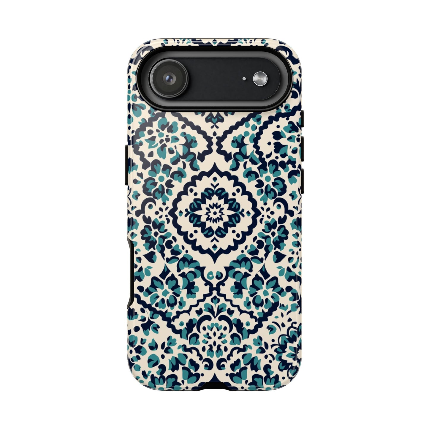 Floral Damask Phone Case - Teal Navy Watercolor Pattern on Creamy Background - Front View