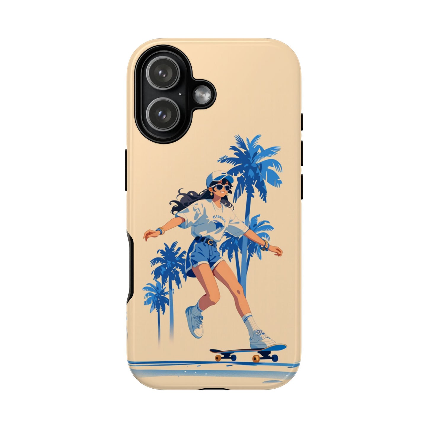 Retro phone case featuring girl skateboarding under palm trees - Pastel blue and cream coastal design with wireless charging support