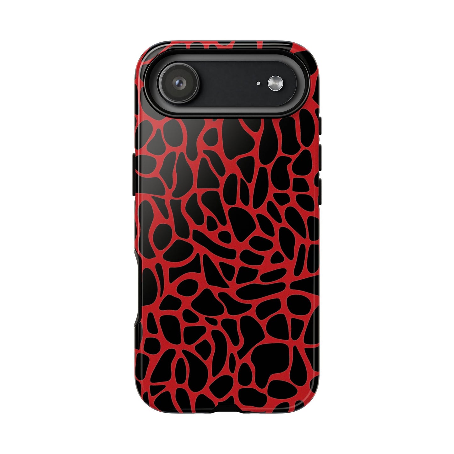 Red and black giraffe print phone case with bold animal pattern