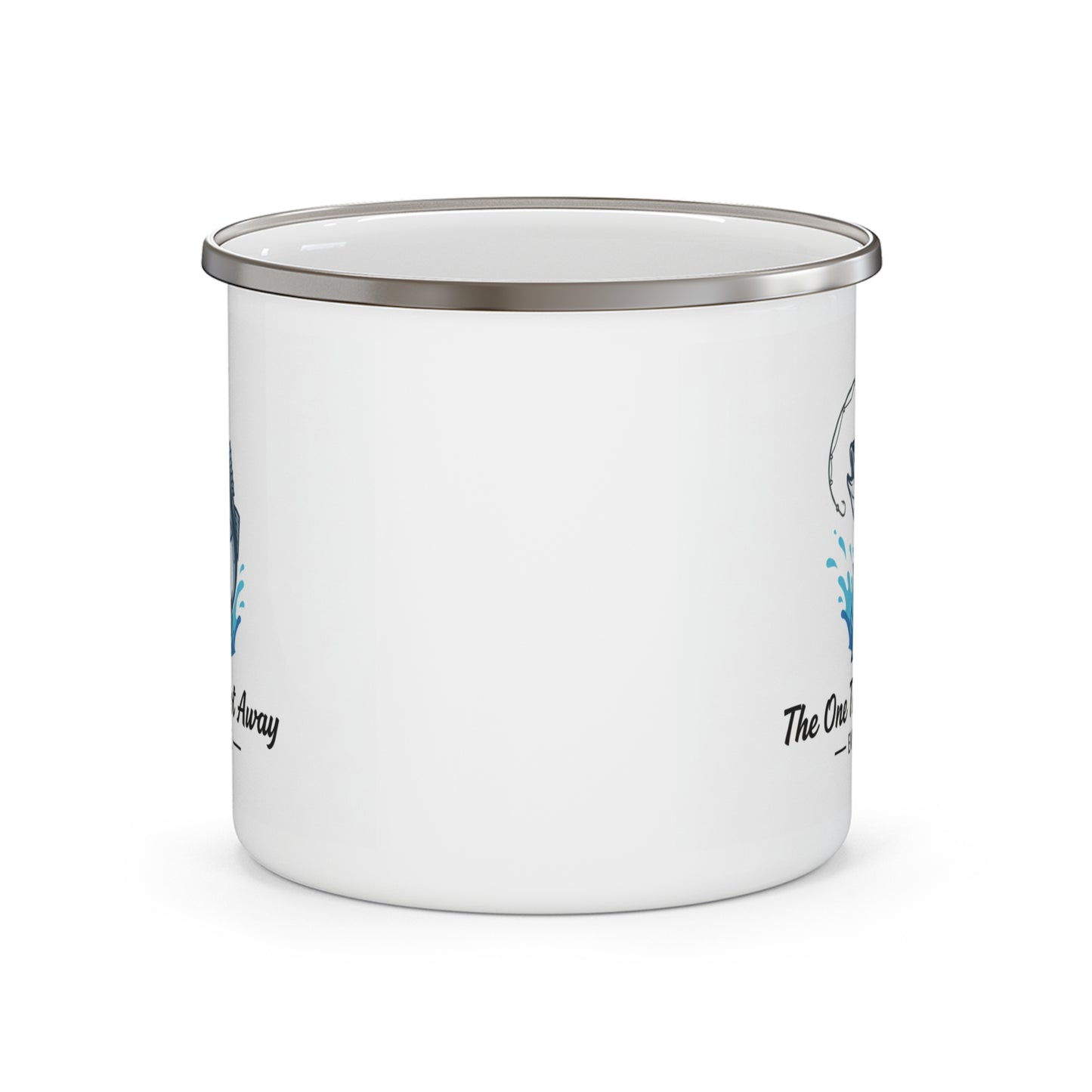 Emaille-Campingtasse „Der, der entwischte“ – Lustige Angel-Kaffeetasse