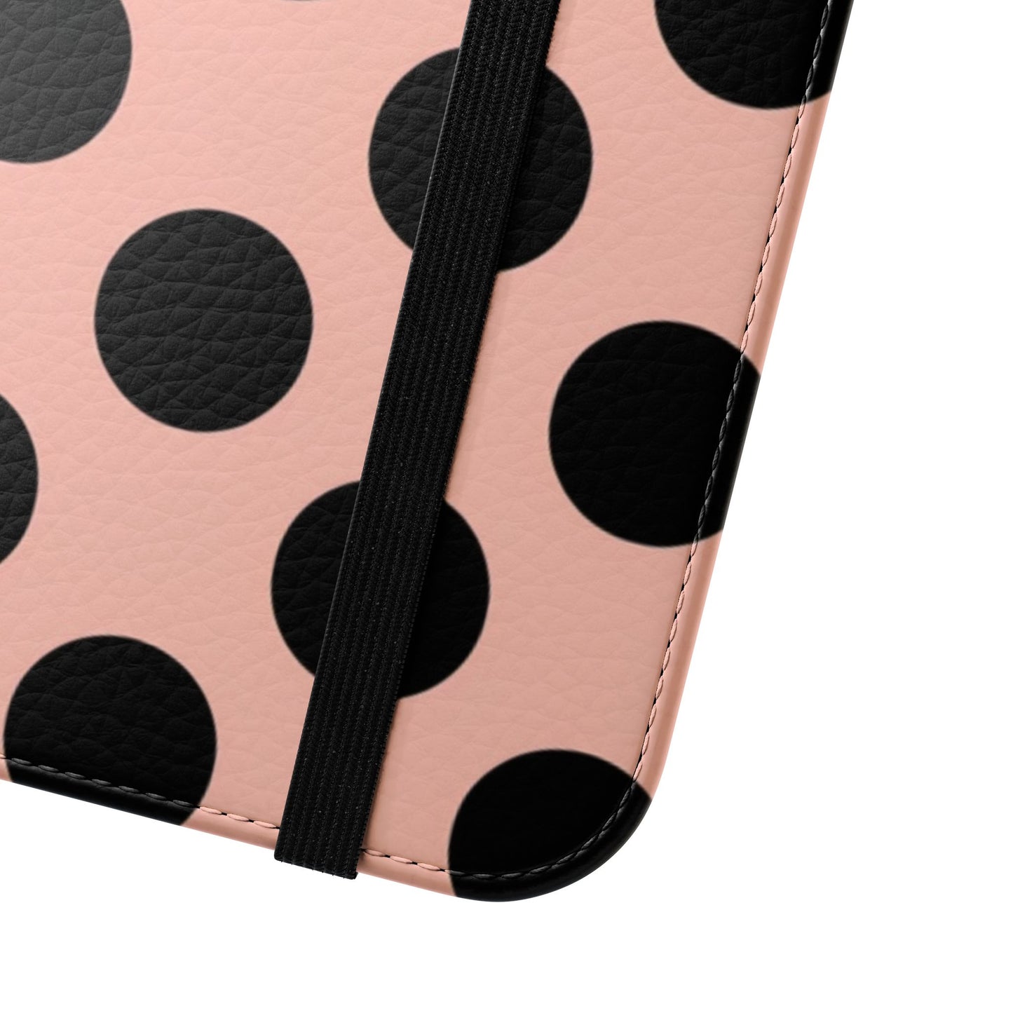 Premium wallet folio phone case showing card slots, magnetic closure, and dual-layer protection - pink polka dot design