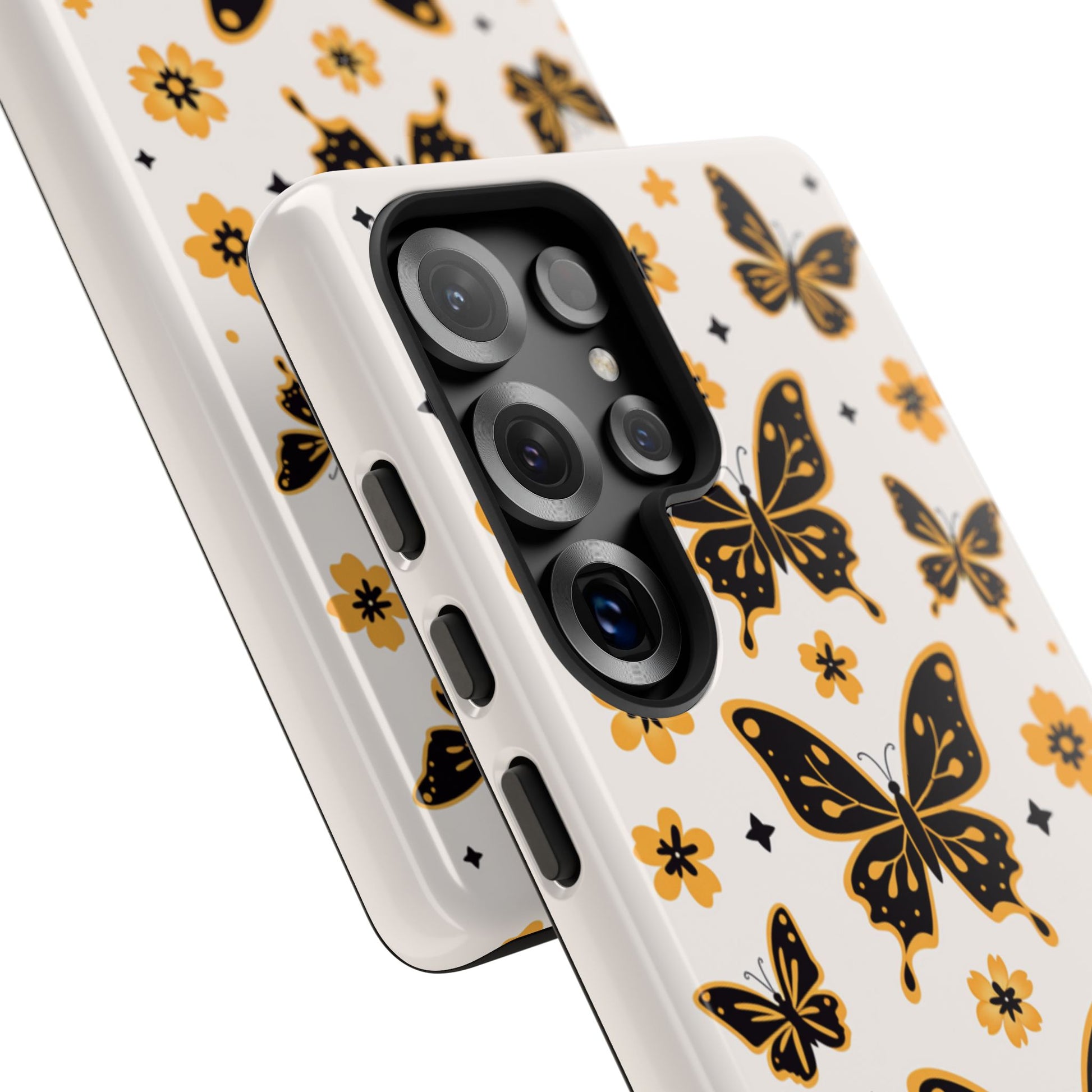 Vintage phone case featuring golden flowers and bold butterflies - Soft cream background with wireless charging support
