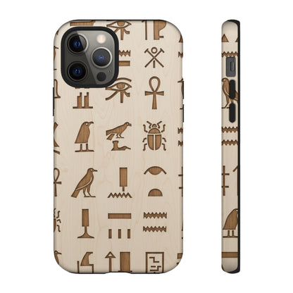 Egyptian Hieroglyphics Tough Phone Case - Wood Grain Ancient Symbols Protective Cover for iPhone, Samsung Galaxy & Google Pixel