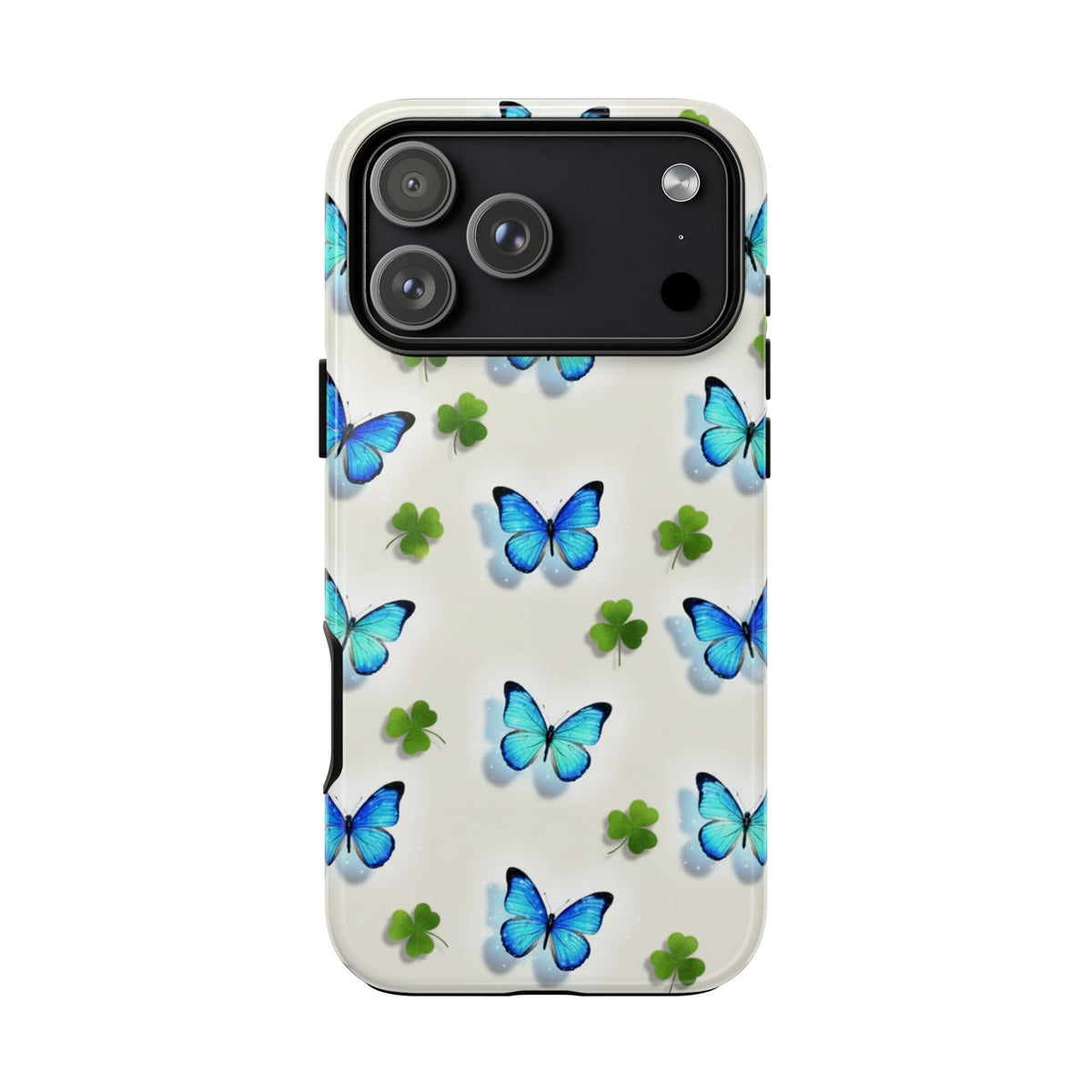 Schutzhülle für iPhone, Samsung Galaxy & Google Pixel mit Schmetterlings- & Glücksklee-Motiv — Robuste Schutzhülle mit blauem Schmetterlingsmuster