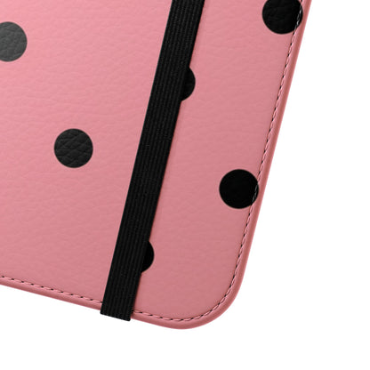 Chic pink polka dot wallet folio phone case with built-in stand function for hands-free viewing

