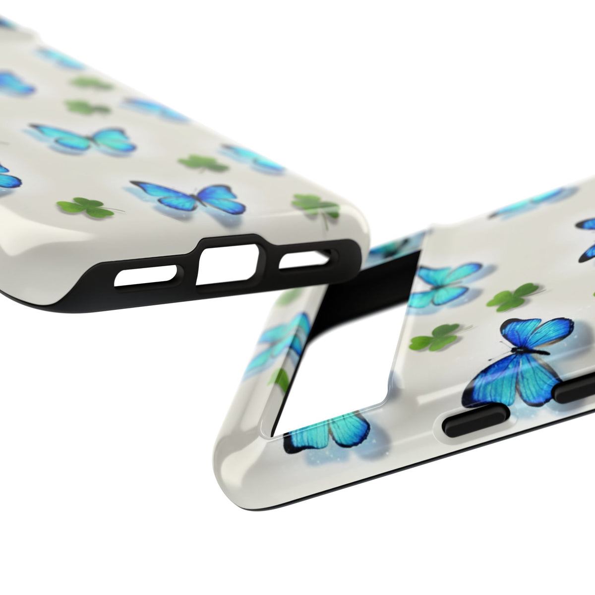 Schutzhülle für iPhone, Samsung Galaxy & Google Pixel mit Schmetterlings- & Glücksklee-Motiv — Robuste Schutzhülle mit blauem Schmetterlingsmuster