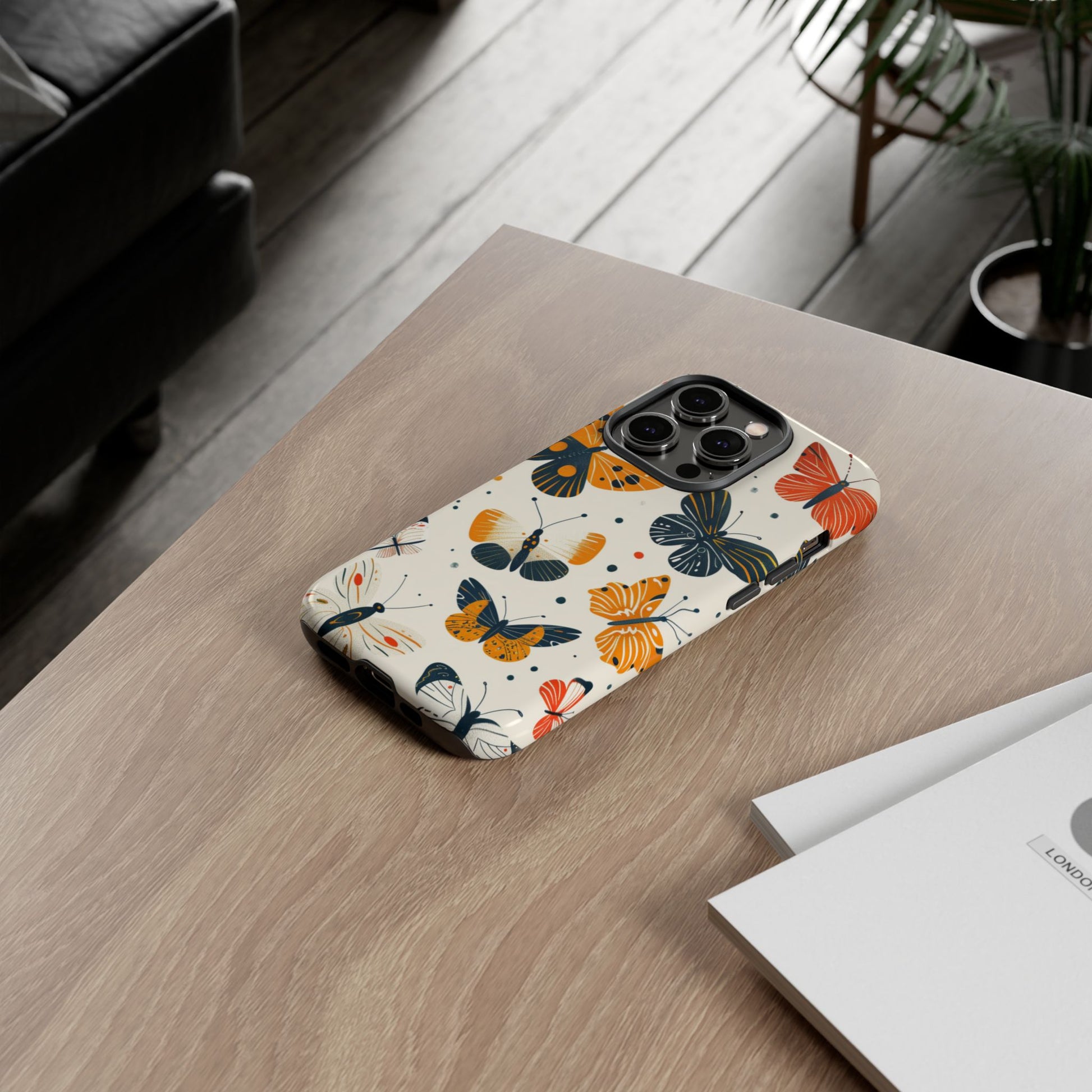 Vintage butterfly tough phone case - retro 70s cartoon butterflies orange navy cream dual-layer protective cover
