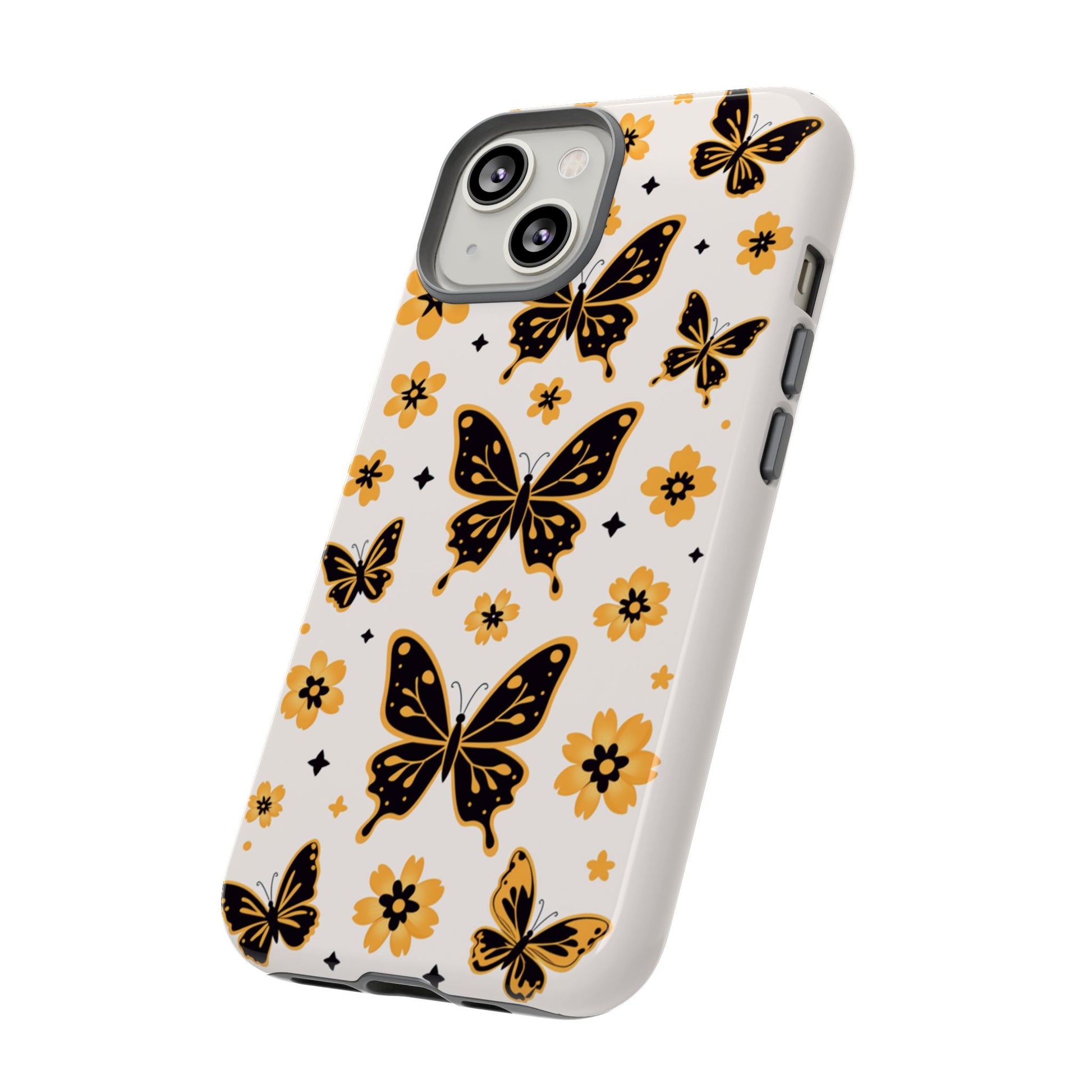Yellow floral phone case with black butterflies - Seamless design with premium UV print and weather resistance
