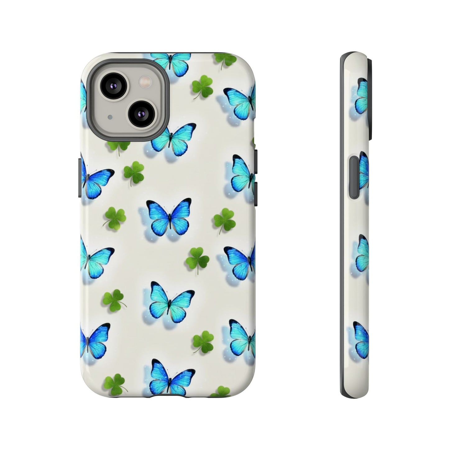Funda protectora resistente con diseño de mariposas y trébol de la suerte para iPhone, Samsung Galaxy y Google Pixel: diseño de mariposas azules