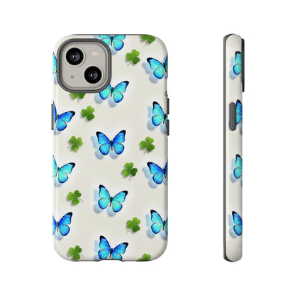 Funda protectora resistente con diseño de mariposas y trébol de la suerte para iPhone, Samsung Galaxy y Google Pixel: diseño de mariposas azules