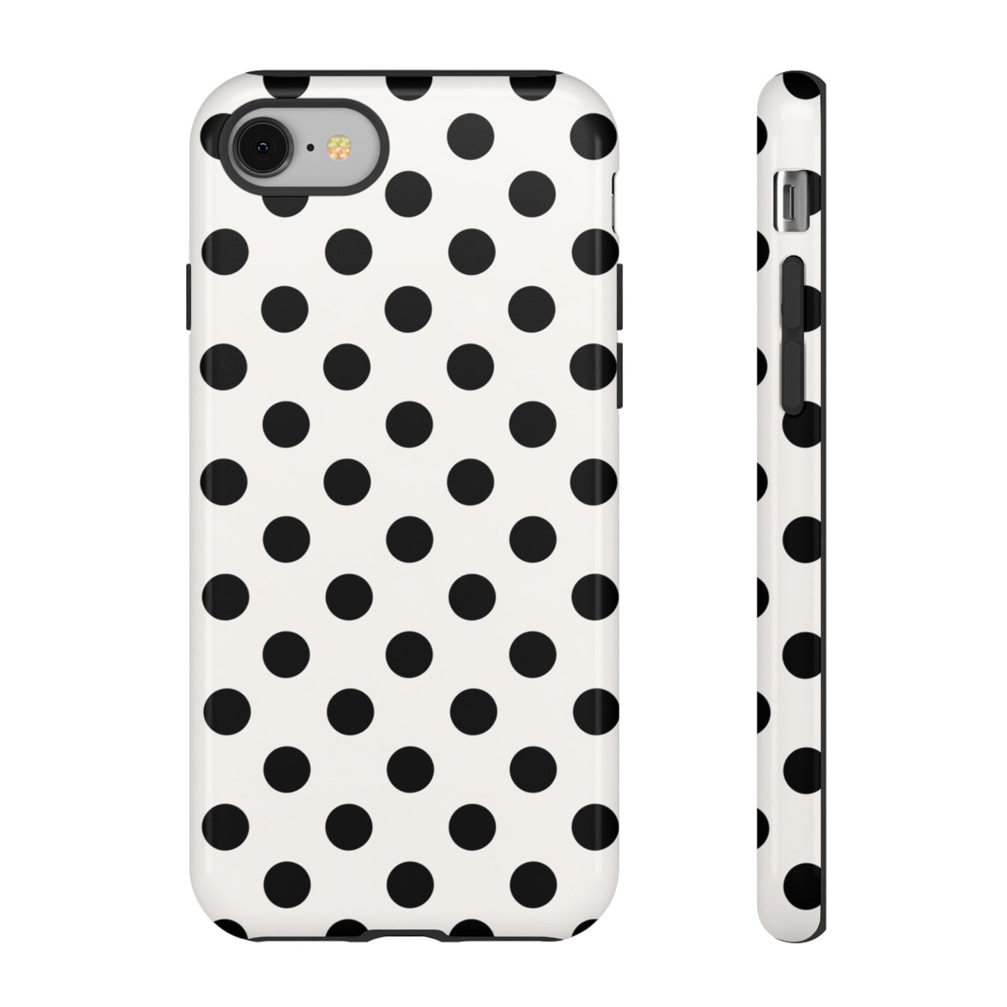 Black polka dot phone case texture close-up showing matte finish and grip quality

