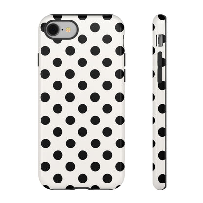 Black polka dot phone case texture close-up showing matte finish and grip quality
