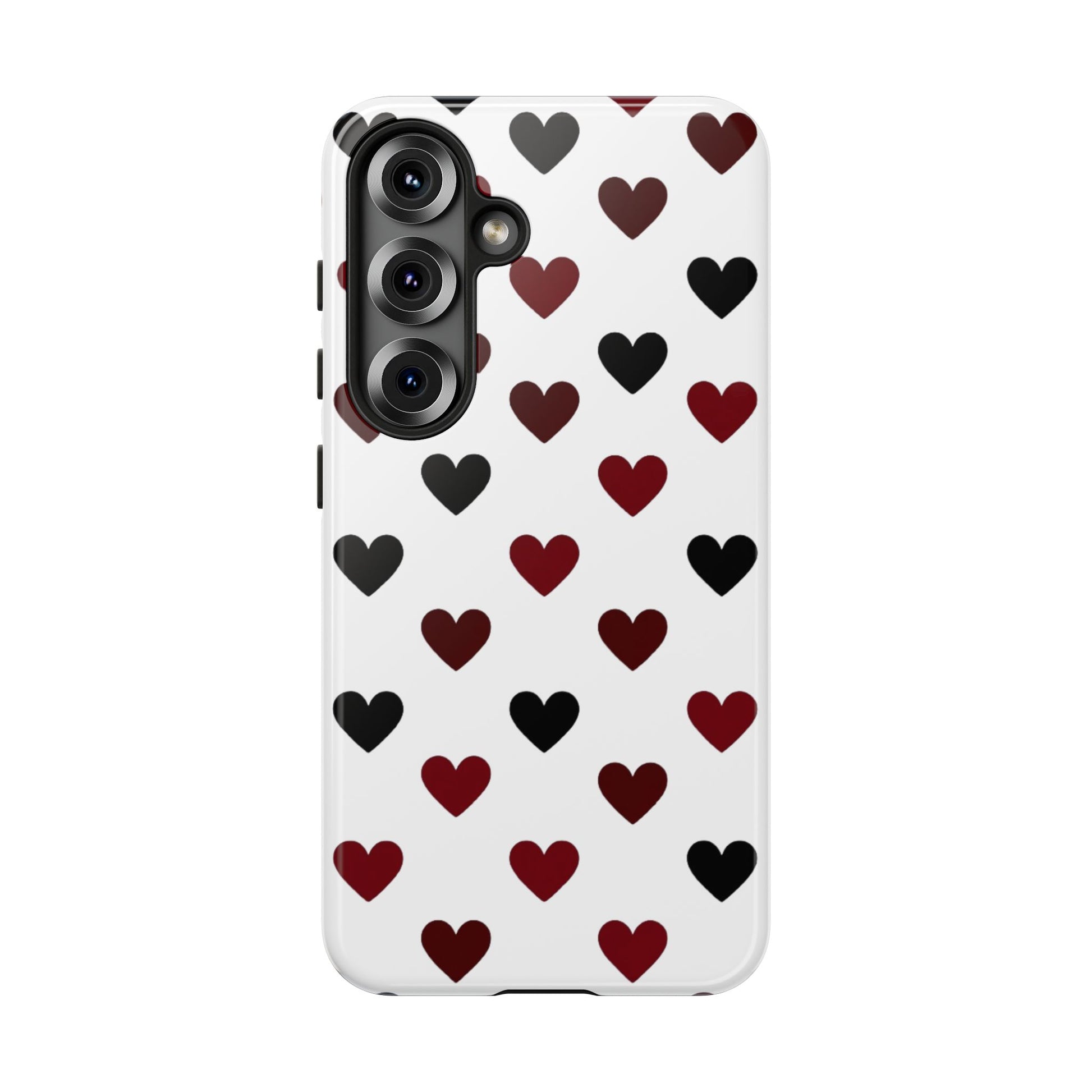 Romantic phone case featuring alternating wine and charcoal hearts - Chic design with wireless charging support
