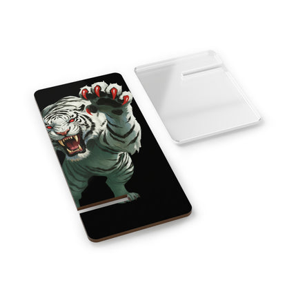 White Tiger Phone Stand - Black Stripes Red Eyes and Claws on Black Background
