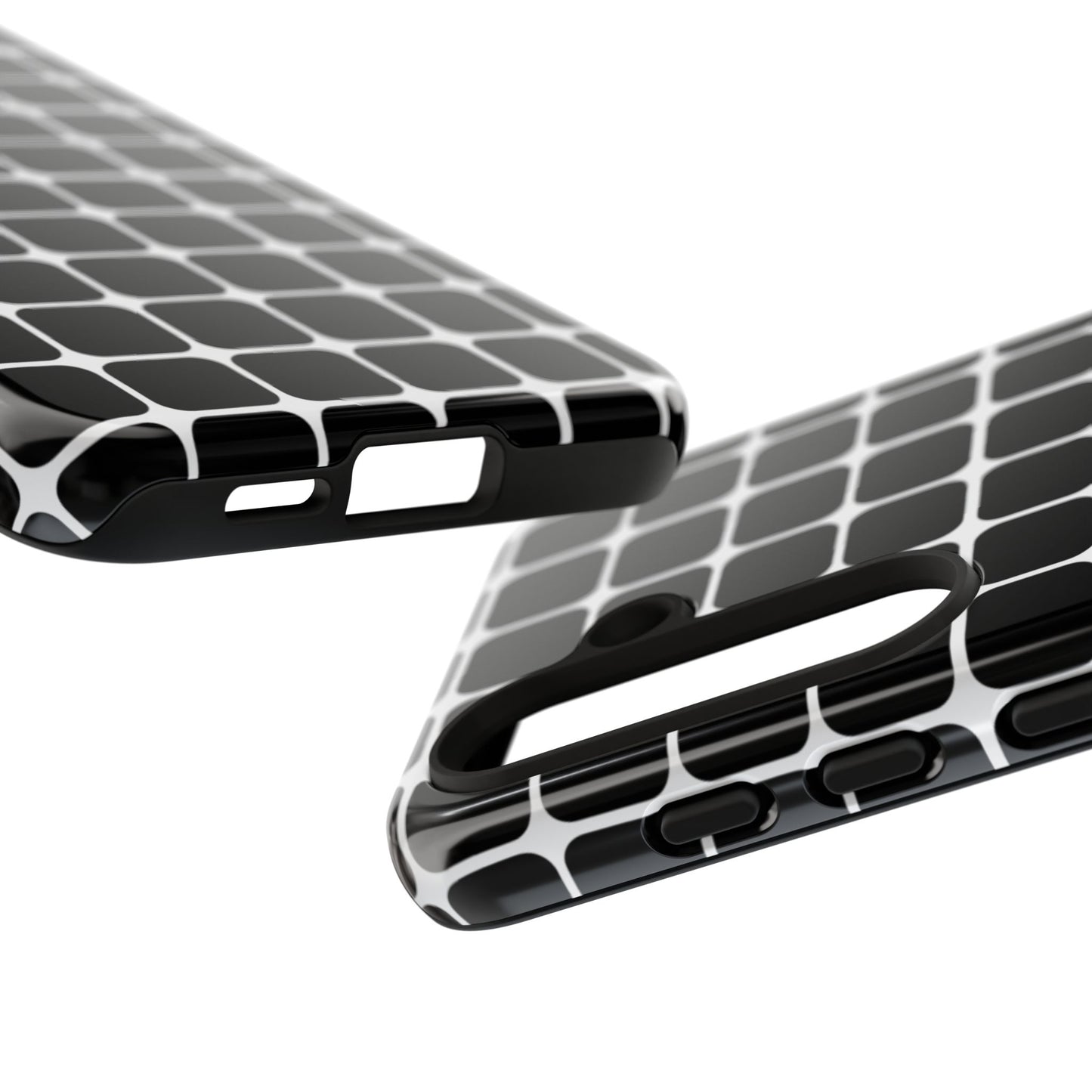 Geometric black grid tough case – fade-resistant full-wrap print wireless charging compatible
