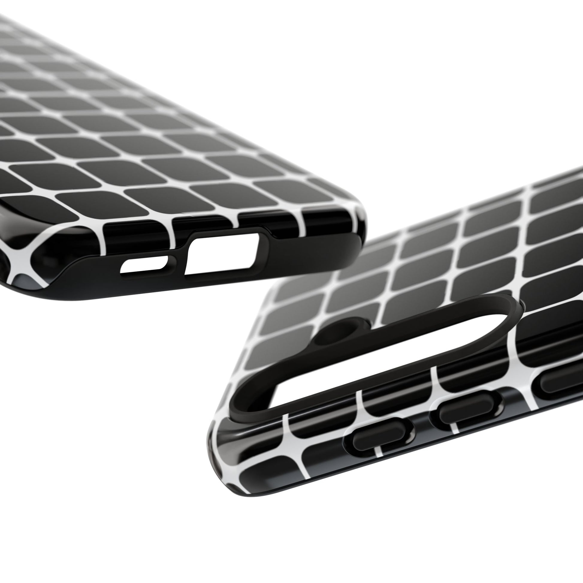 Geometric black grid tough case – fade-resistant full-wrap print wireless charging compatible
