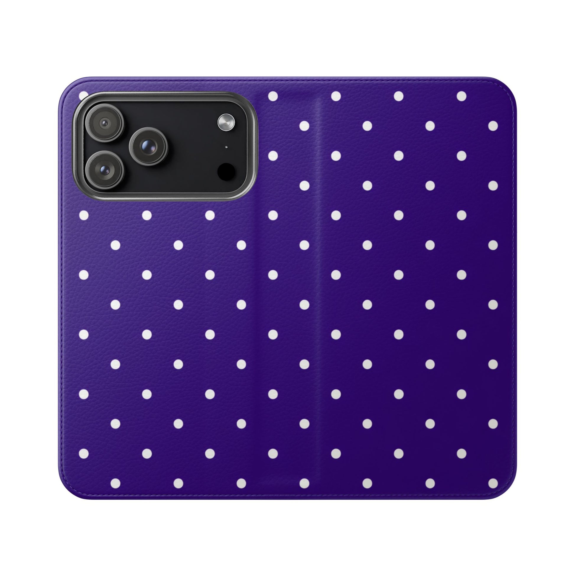Purple flip phone case with white polka dots featuring card holder pockets and stand function for iPhone and Samsung Galaxy
