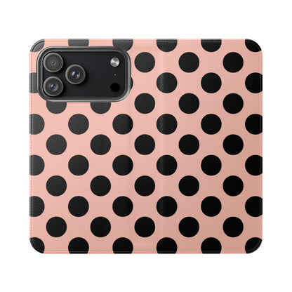 Pink and black polka dot flip phone case with card slots - front view showing retro pattern and magnetic closure
