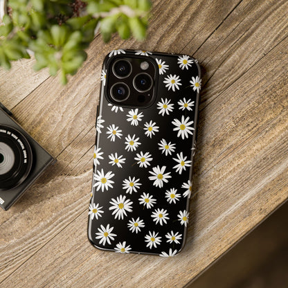 Coque de téléphone résistante à motif marguerites - Coque de protection florale noire pour iPhone, Samsung Galaxy et Google Pixel
