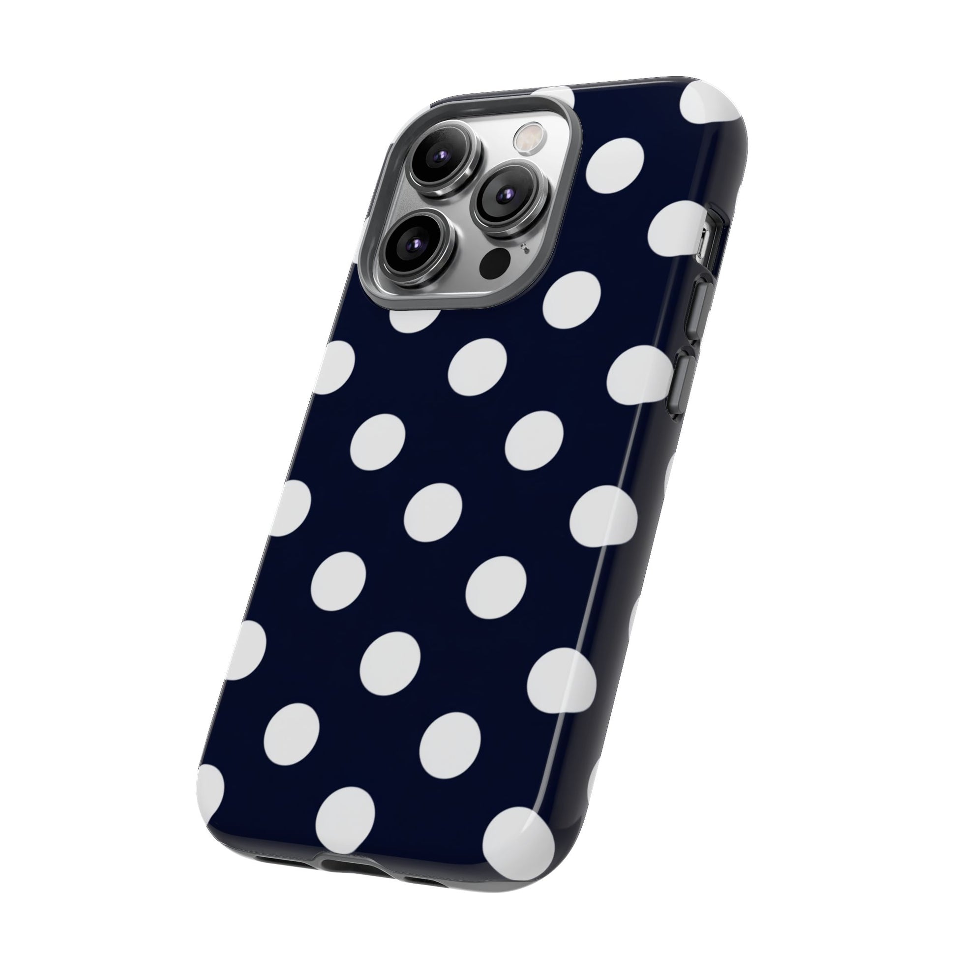 Elegant white dots on navy blue tough phone case with precise cutouts
