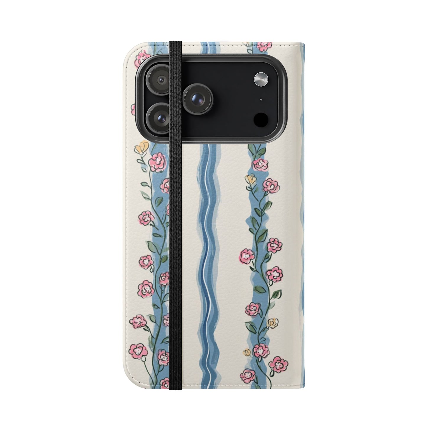 Cream and Rose Floral Stripe Wallet Phone Case - Cruelty-Free Vegan Leather Flip Cover with Card Pockets and D-Ring Attachment
