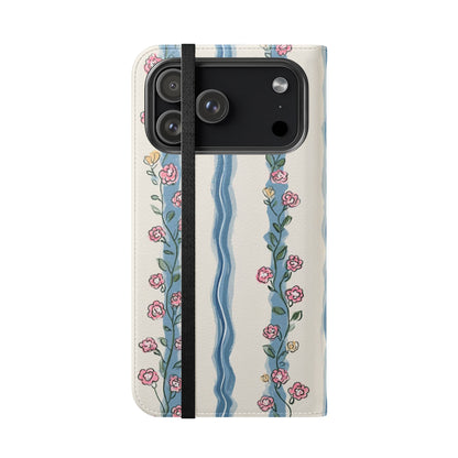 Cream and Rose Floral Stripe Wallet Phone Case - Cruelty-Free Vegan Leather Flip Cover with Card Pockets and D-Ring Attachment
