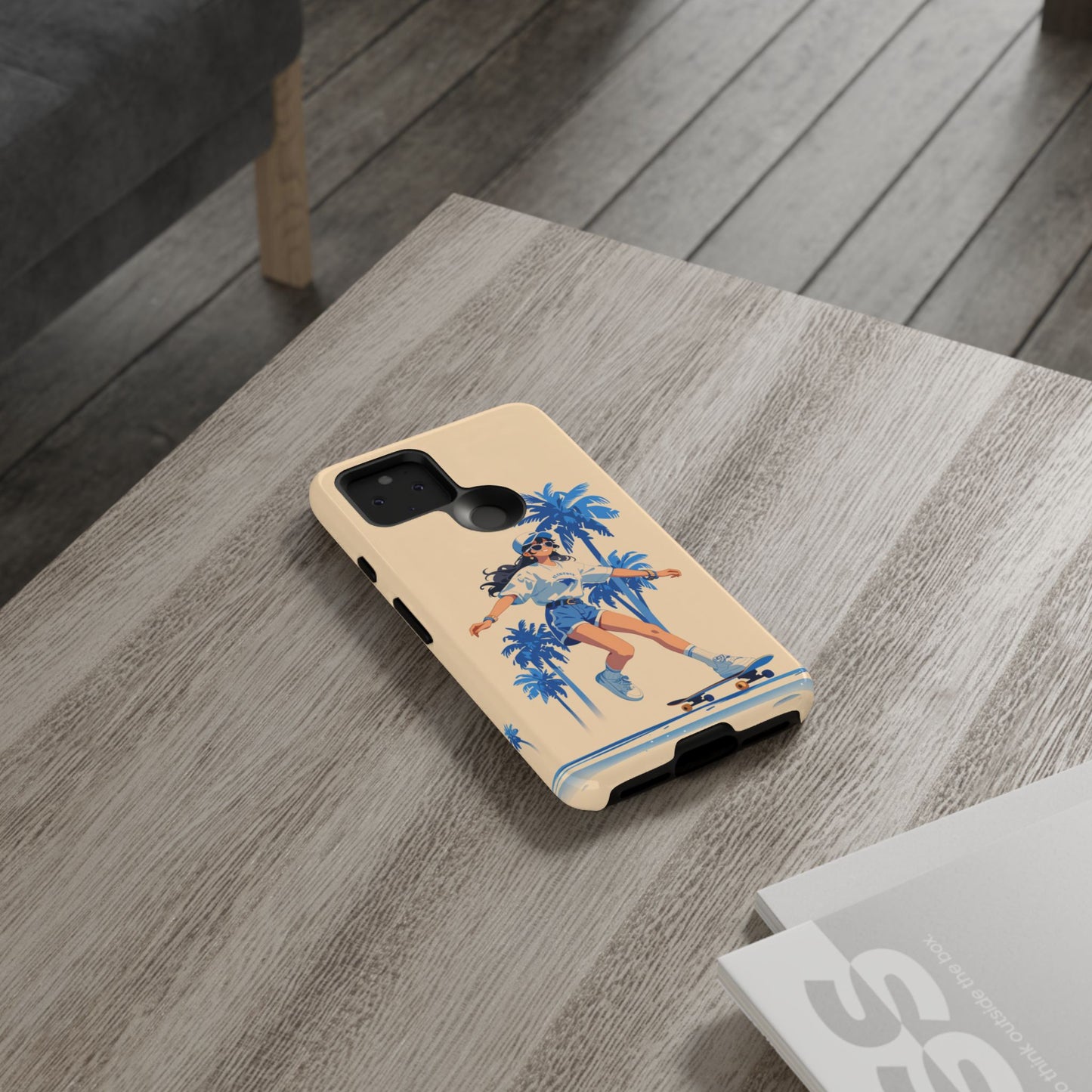 Beach vibes phone case with skateboard art - Soft blues and warm neutrals with certified materials and shock absorption
