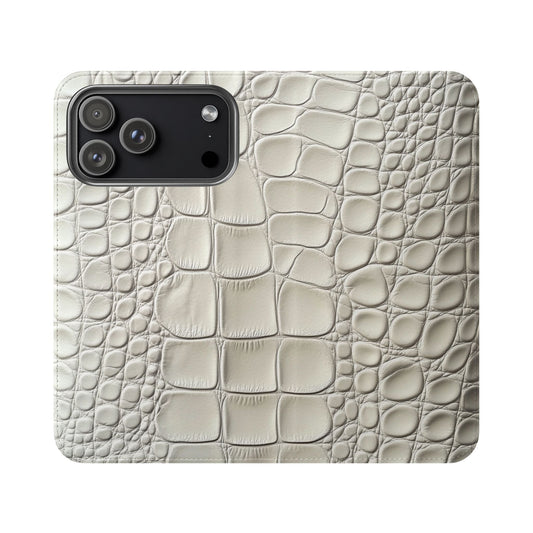 White Albino Alligator Flip Phone Case - Luxury Wallet Case with Card Slots for iPhone & Samsung Galaxy
