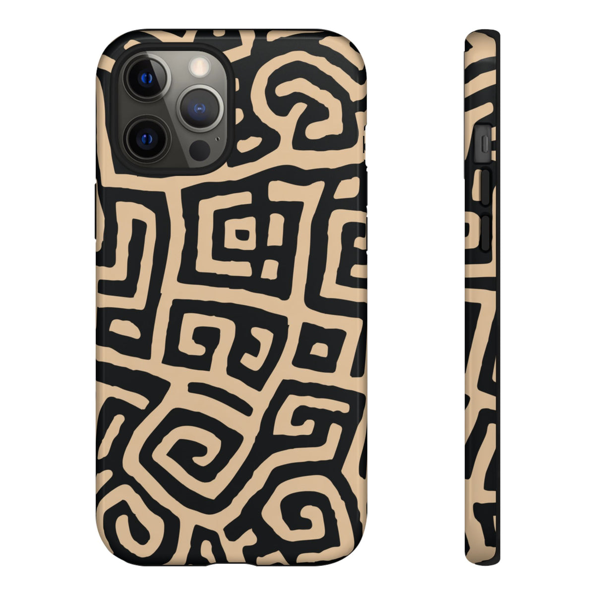 African Tribal Labyrinth Phone Case — Beige & Black Geometric Pattern Protective Cover for iPhone, Samsung Galaxy & Google Pixel