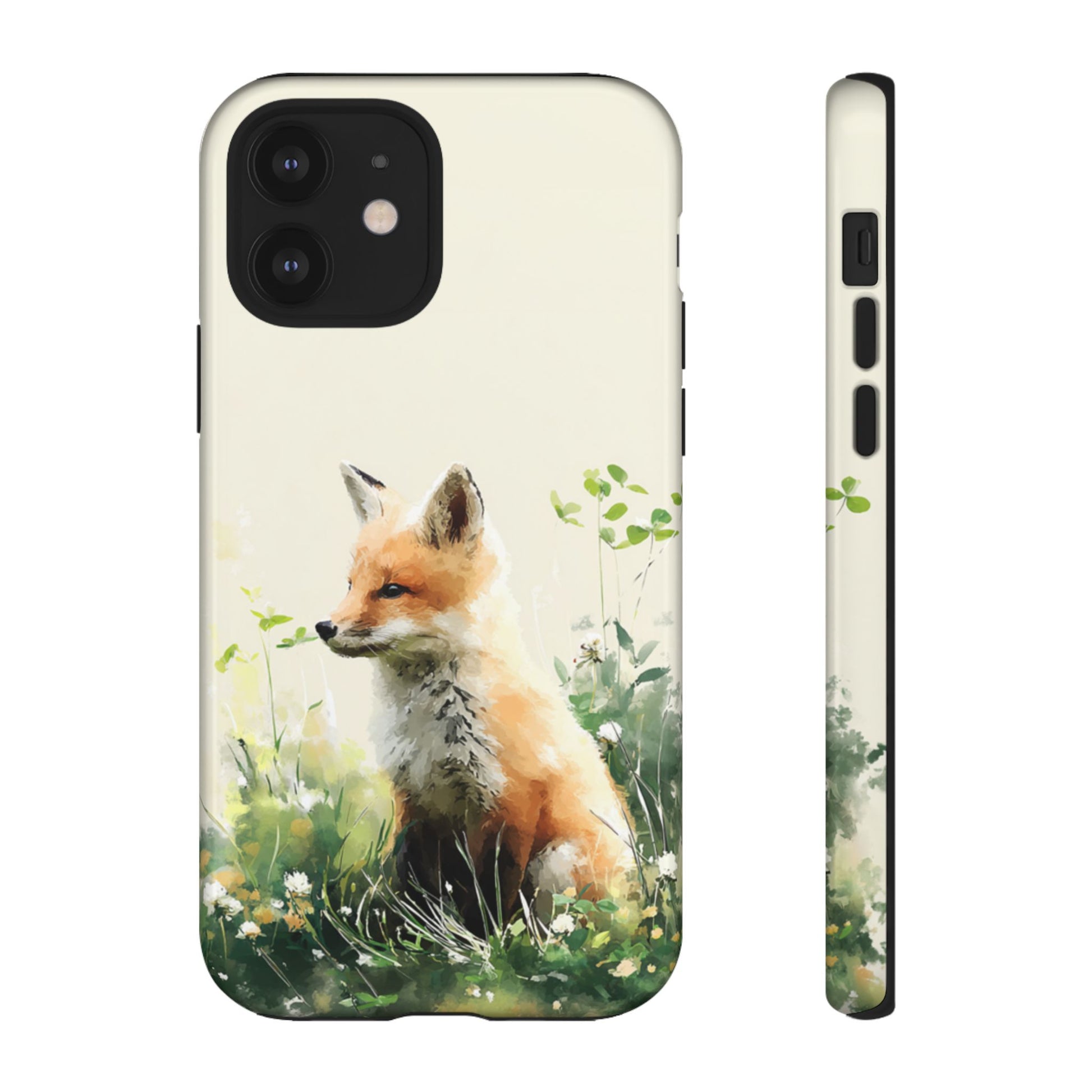 Fox in Wildflower tough phone case showing dual-layer protection and precise cutouts
