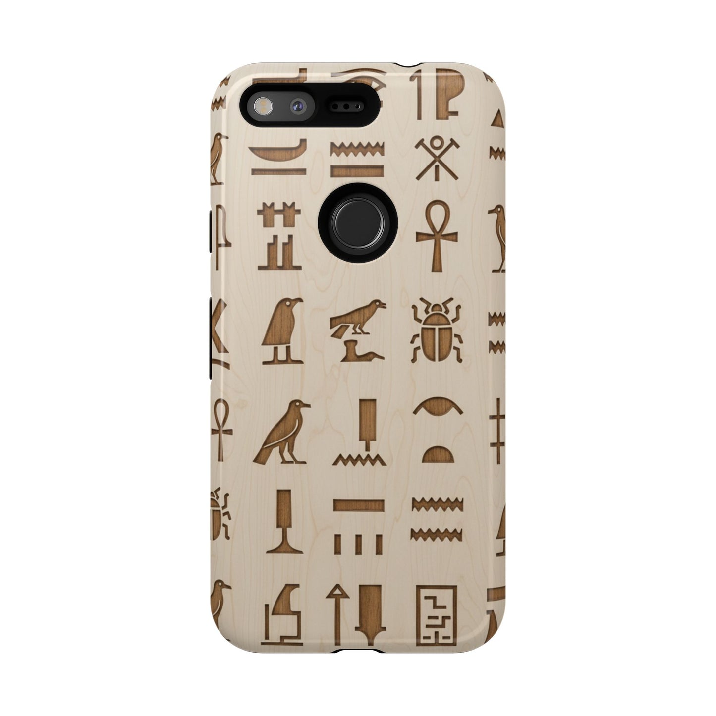 Egyptian Hieroglyphics Tough Phone Case - Wood Grain Ancient Symbols Protective Cover for iPhone, Samsung Galaxy & Google Pixel