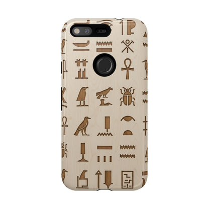Egyptian Hieroglyphics Tough Phone Case - Wood Grain Ancient Symbols Protective Cover for iPhone, Samsung Galaxy & Google Pixel