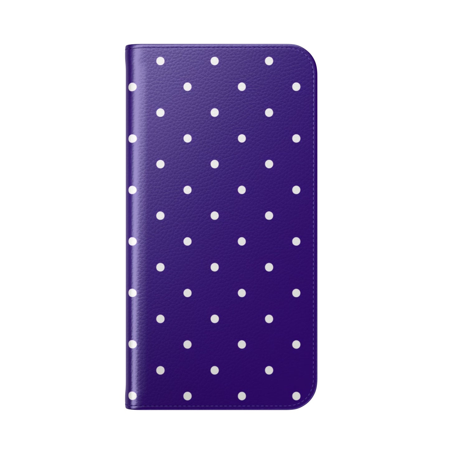 Refined purple phone wallet with white polka dot design, D-ring attachment and magnetic closure

