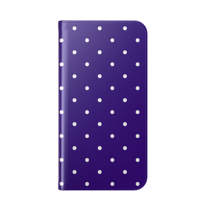 Refined purple phone wallet with white polka dot design, D-ring attachment and magnetic closure
