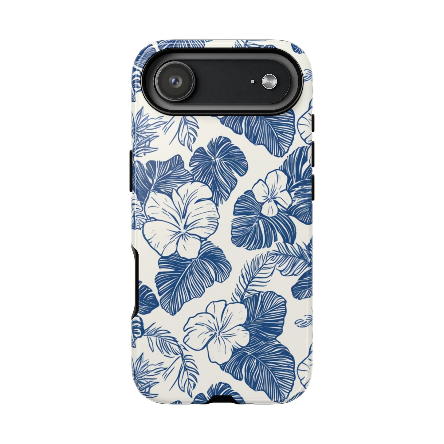 Soft blue floral tough phone case with hand-painted hibiscus design and dual-layer protection
