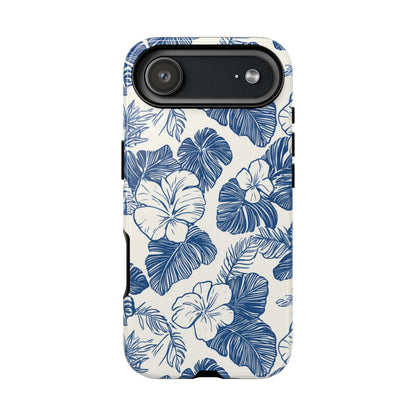 Soft blue floral tough phone case with hand-painted hibiscus design and dual-layer protection
