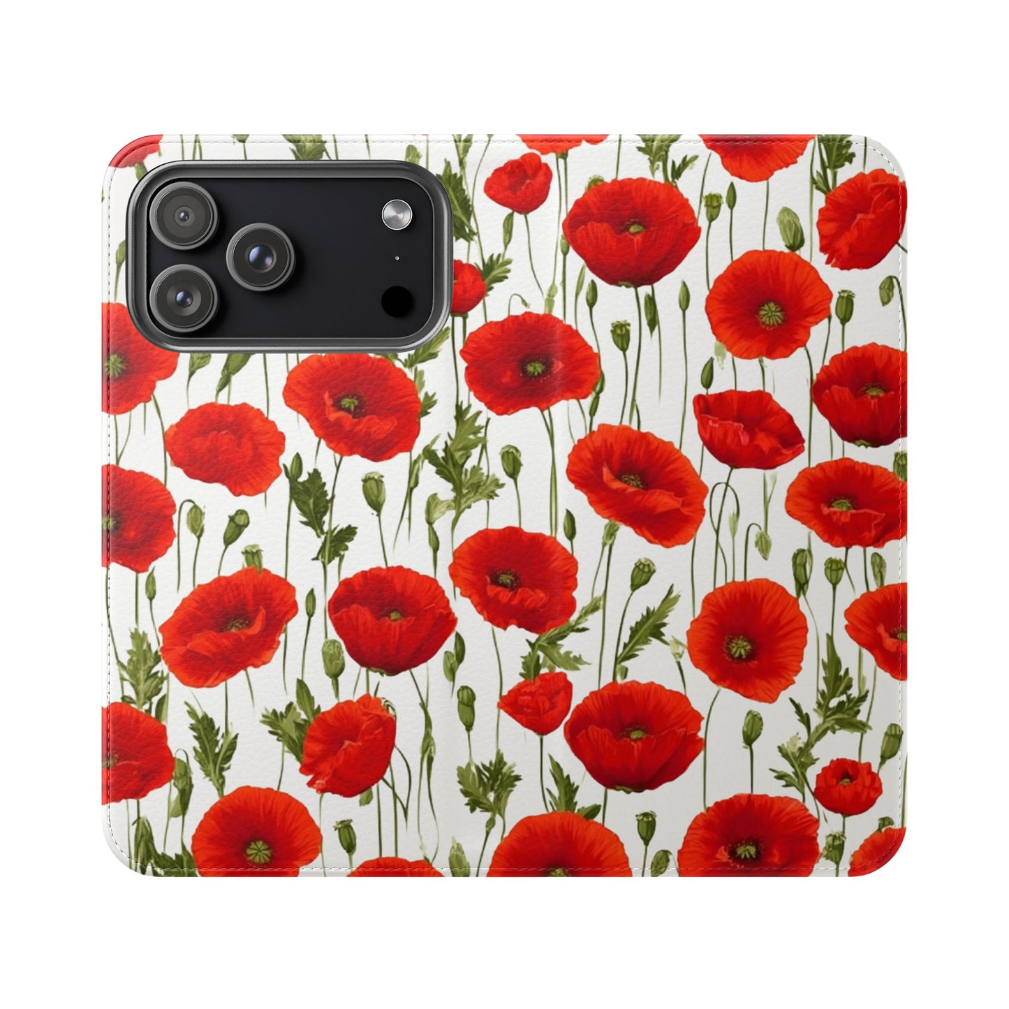 Red poppy floral flip phone case with card slots and stand function for iPhone and Samsung Galaxy
