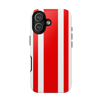 Minimalist racing stripes tough phone case featuring vibrant red and white design with dual-layer protection
