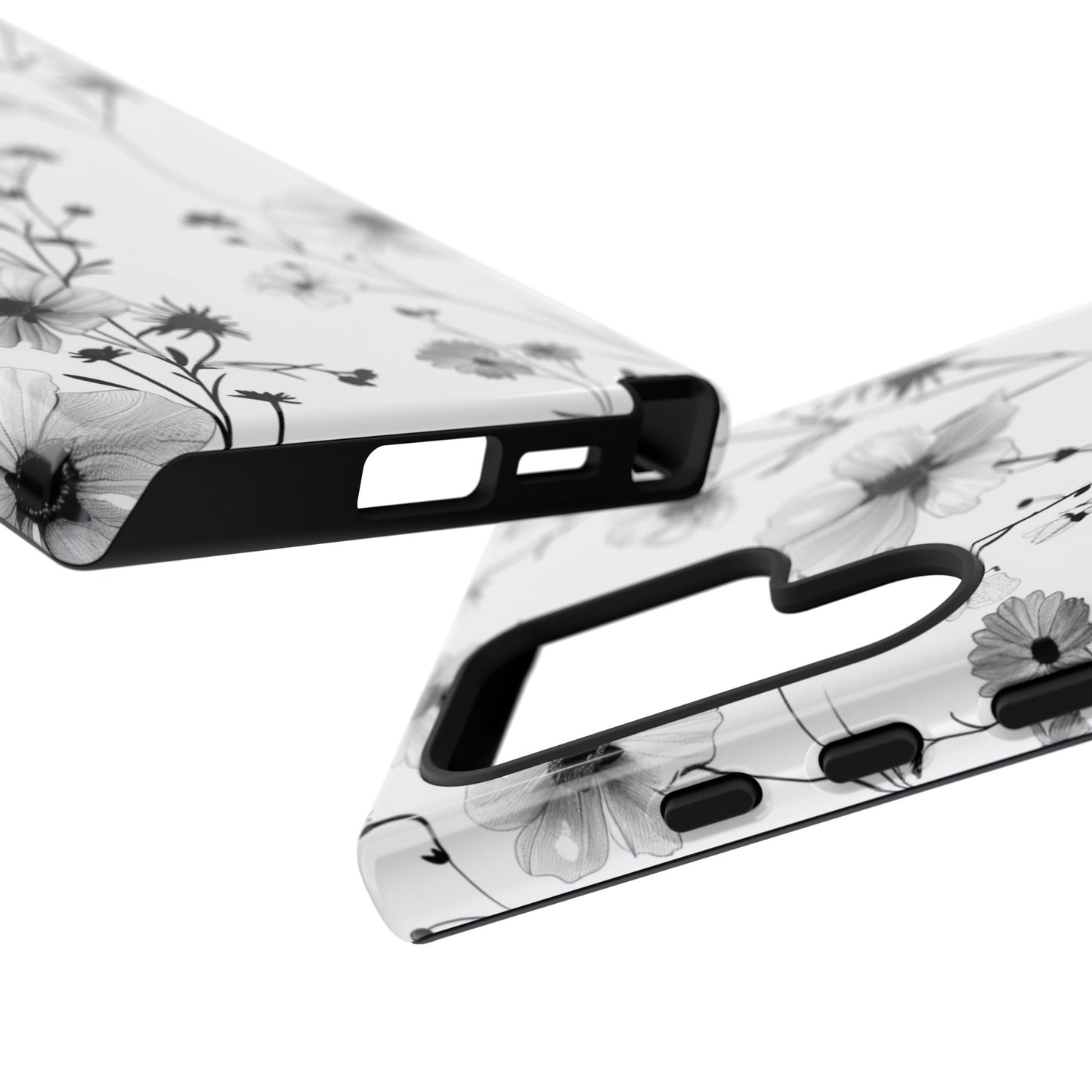 Blumen Tough Phone Case – Monochromes Schwarz-Weiß-Wildblumen Schutzcover für iPhone, Samsung Galaxy & Google Pixel