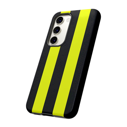 Classic race car racing stripes phone case in yellow and black with dual-layer protection and wireless charging
