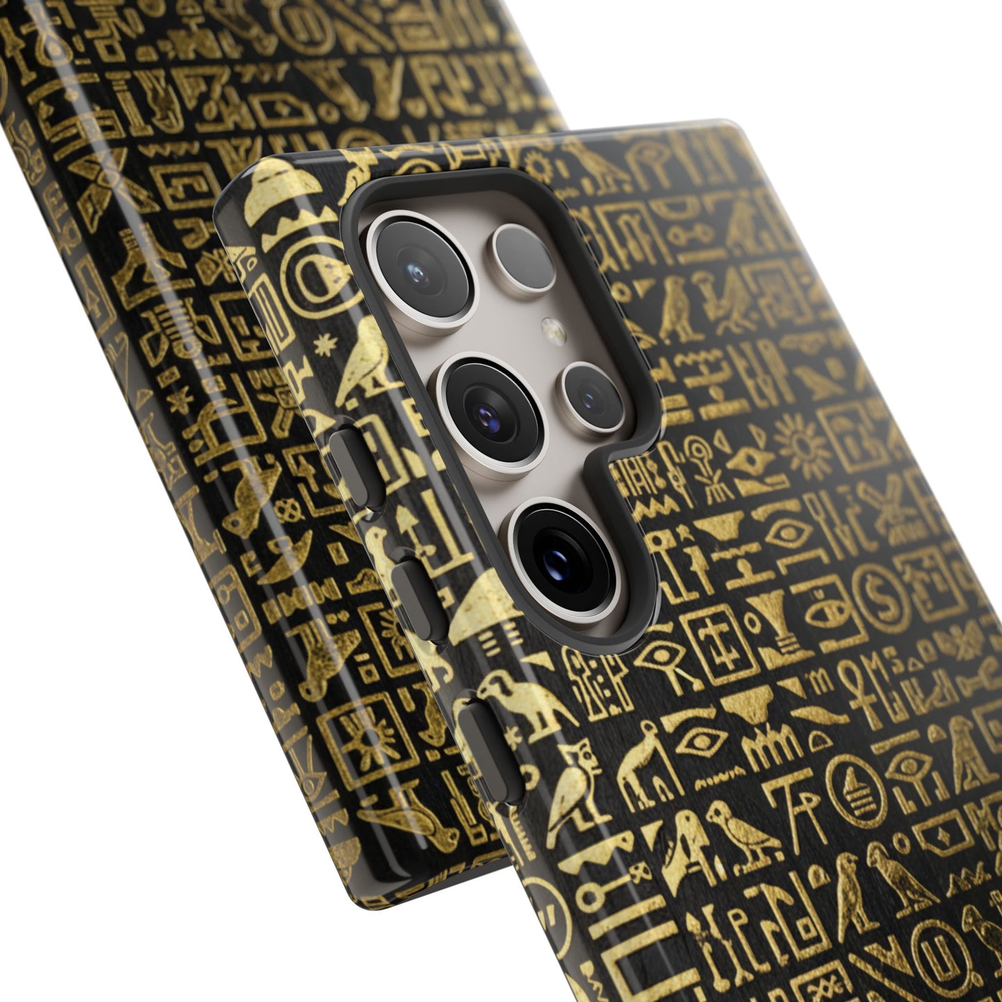 Funda resistente con jeroglíficos egipcios - Patrón de símbolos antiguos en negro y dorado para iPhone, Samsung Galaxy y Google Pixel