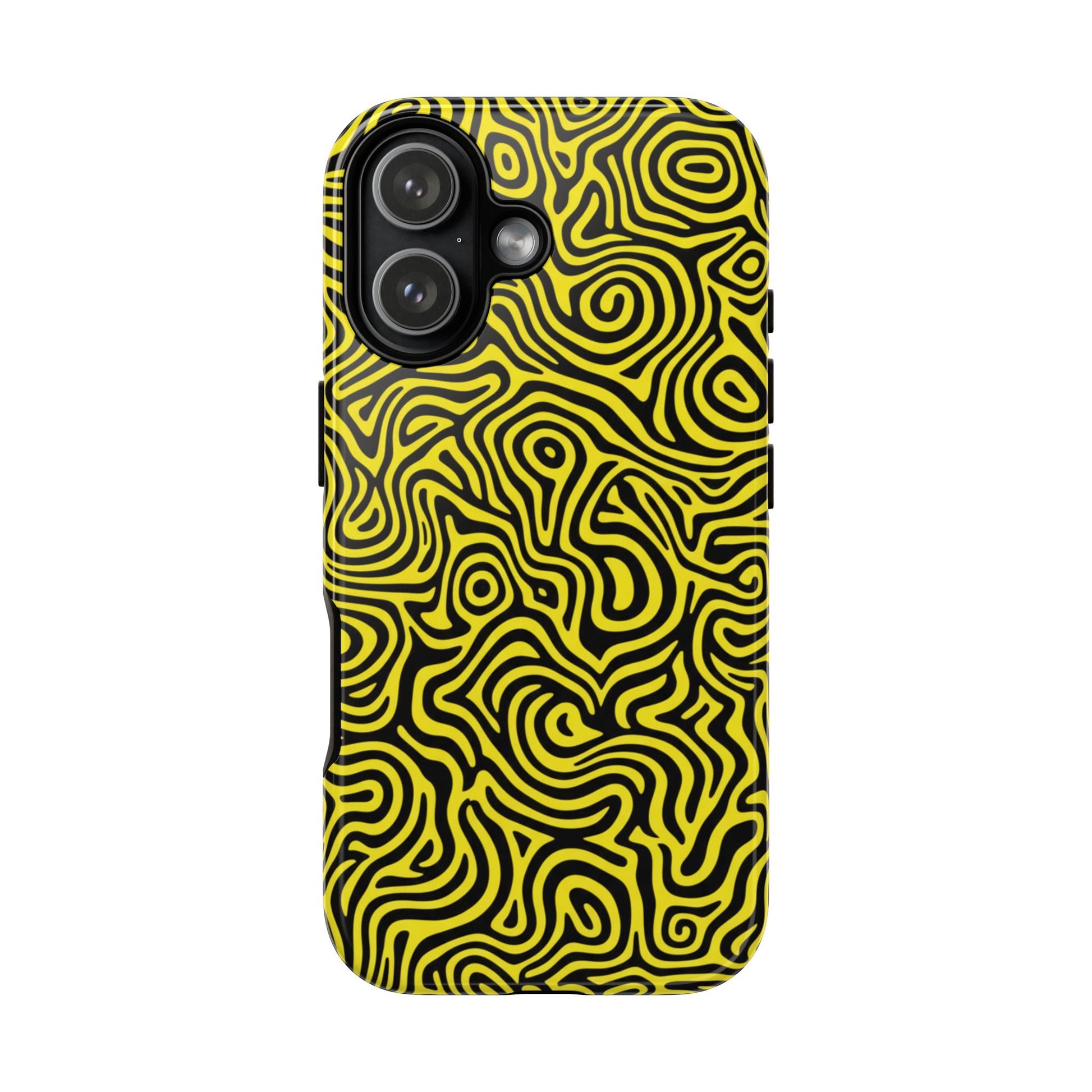 Bold graphic phone case featuring vibrant yellow black flowing lines and modern abstract design
