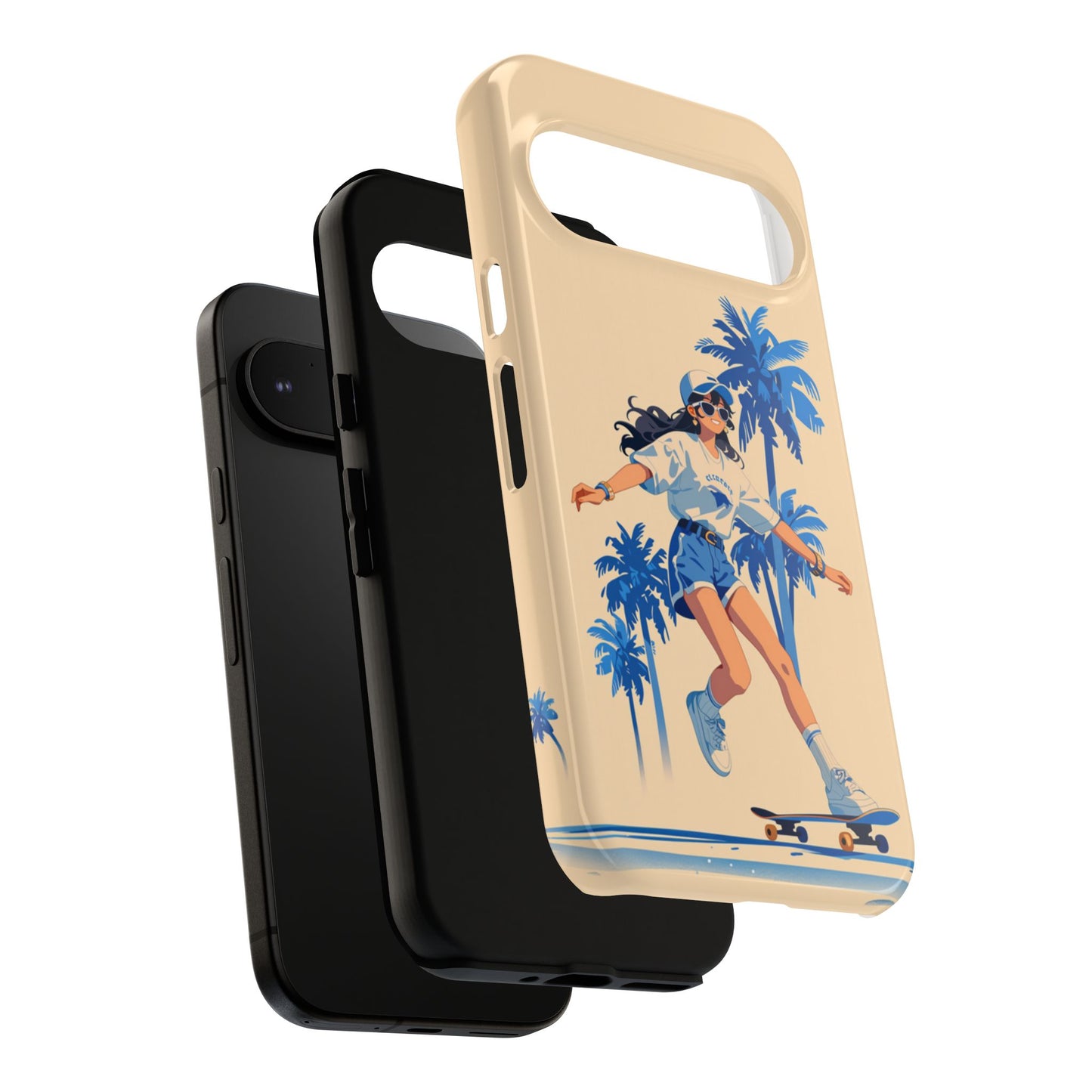 Skateboard phone case with palm tree background - Slim profile dual-layer case for iPhone 17-8, Samsung Galaxy S25-S23, Google Pixel
